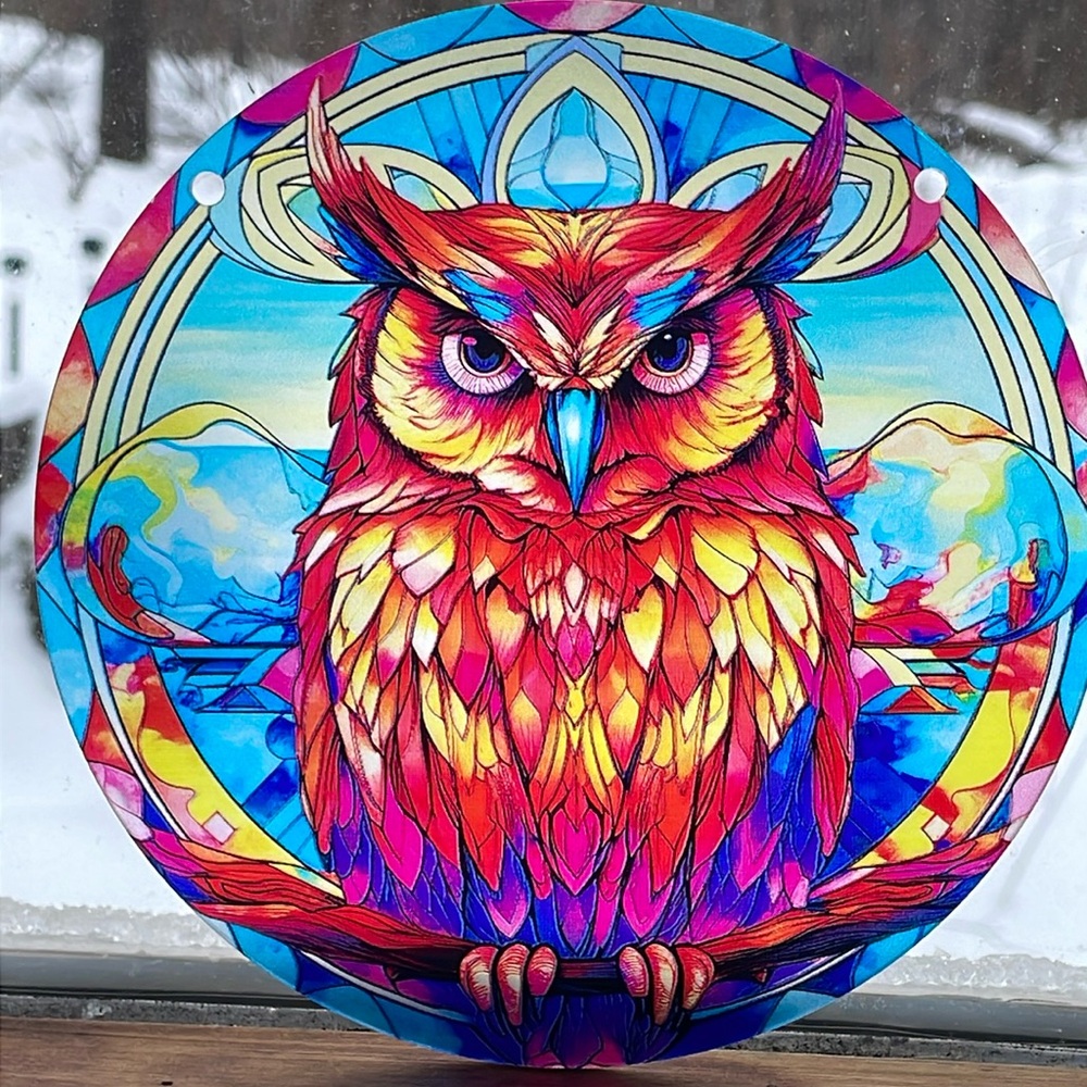 Acrylic Suncatcher Owl Brown Bird Faux Stained Glass 6” Decorative Home Decor
